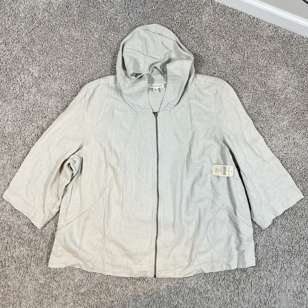 Coldwater Creek 100% Linen Zip Front Hooded Jacket 3X (24W-26W) Natural Pockets
